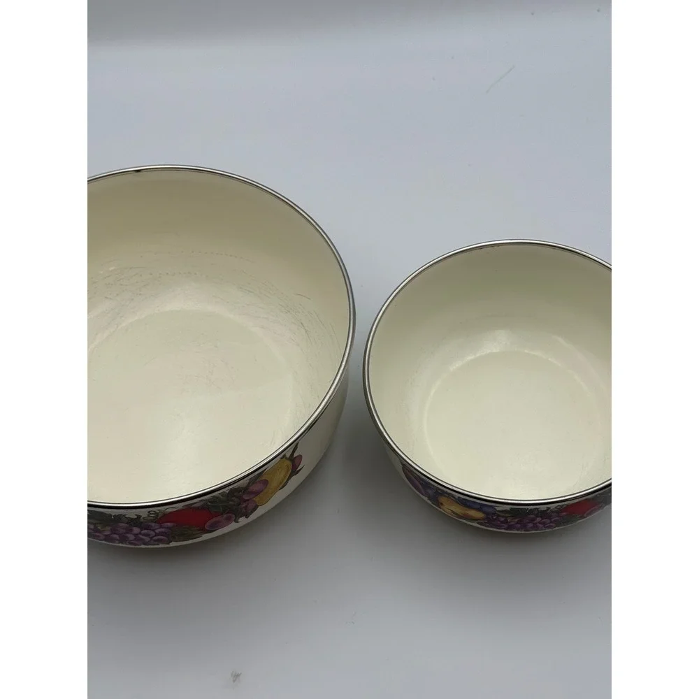 Vintage Cornucopia Enamel Nesting Mixing Bowls Set of 2 Fruit Pattern Cream 8.5
